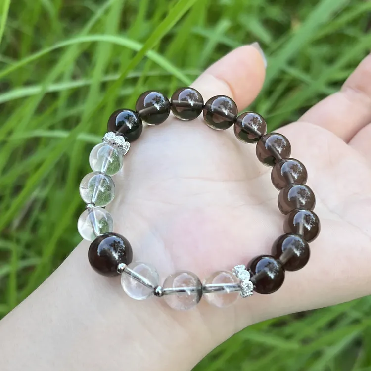 【枯木逢春】天然冰种黑曜石白水晶绿幽灵手串情侣款礼物多样性发一