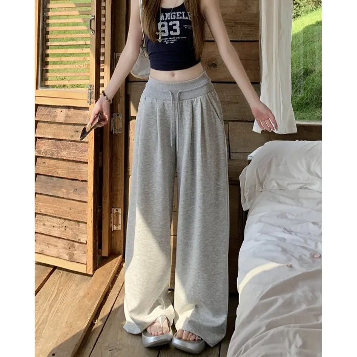 慵懒风灰色抽绳休闲裤女夏季高腰宽松垂感阔腿裤小个子遛弯裤长裤