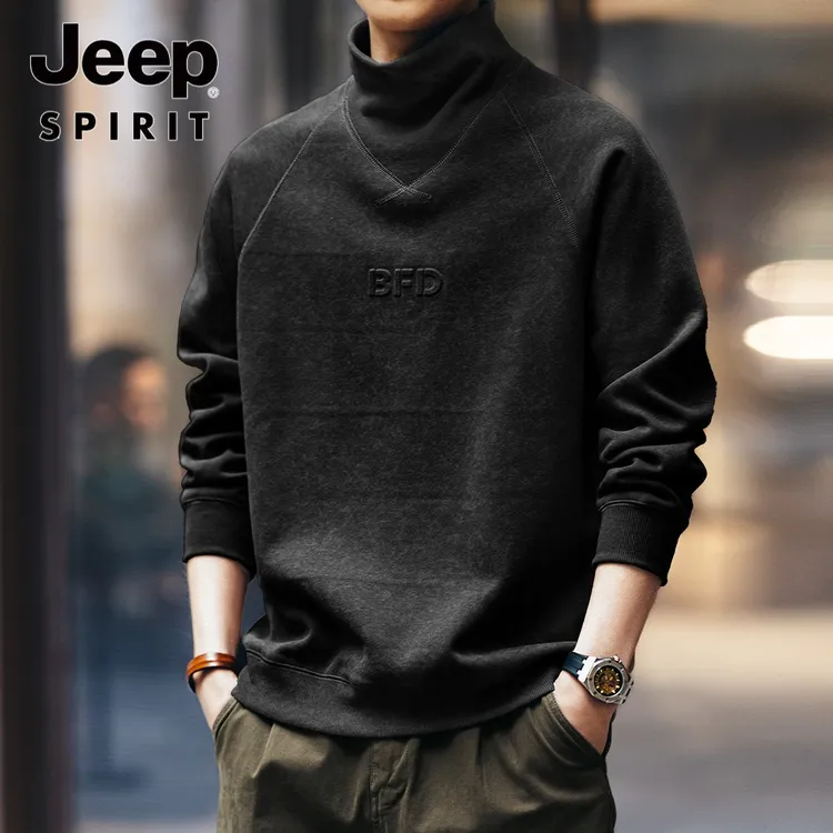 JEEPSPIRIT吉普高端美式潮牌复古半高领卫衣男士秋冬款加绒打底衫