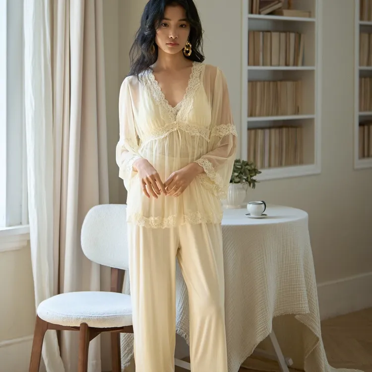 BD-A335春秋季带胸垫吊带三件套蕾丝网纱纯欲性感女士家居服套装