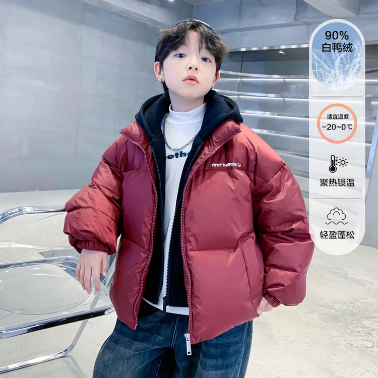 【洋气爆款】男童冬季红色假两件羽绒服2026新款过年90白鸭绒面包服