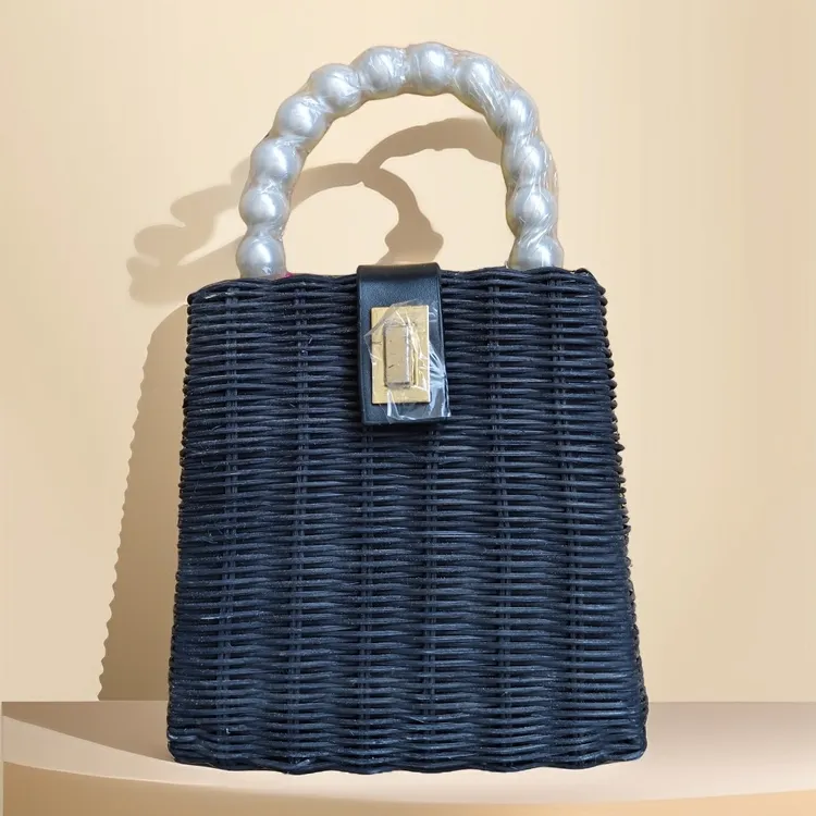 新款珍珠藤编时尚镂空小方包通用编织手提包手提包包通勤风大容量