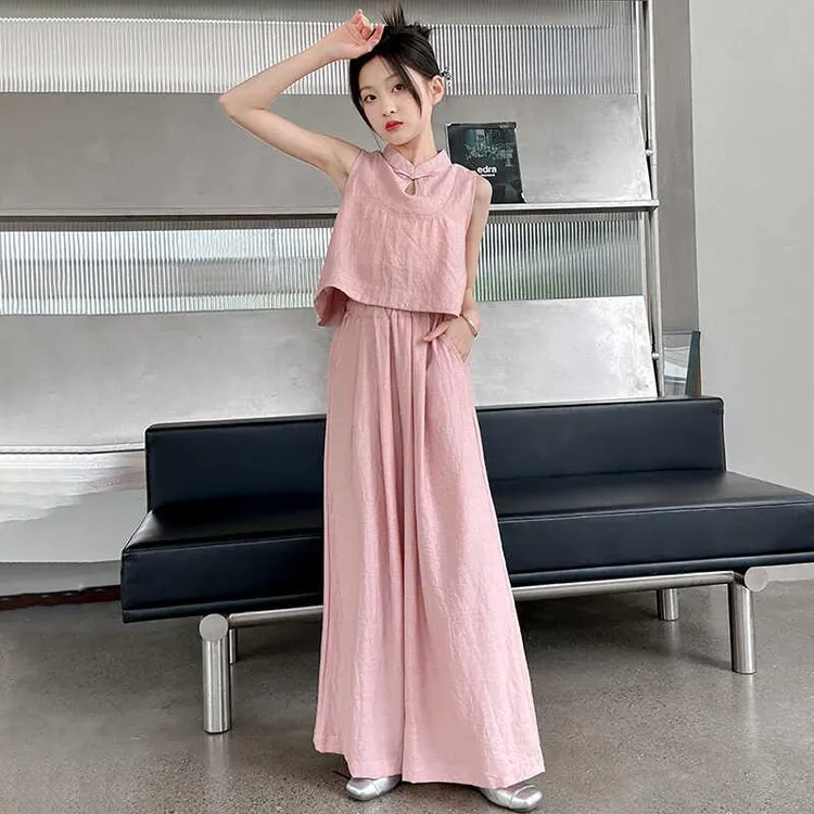 女童夏季新中式套装2025新款洋气国风盘扣马甲背心儿童时髦阔腿裤