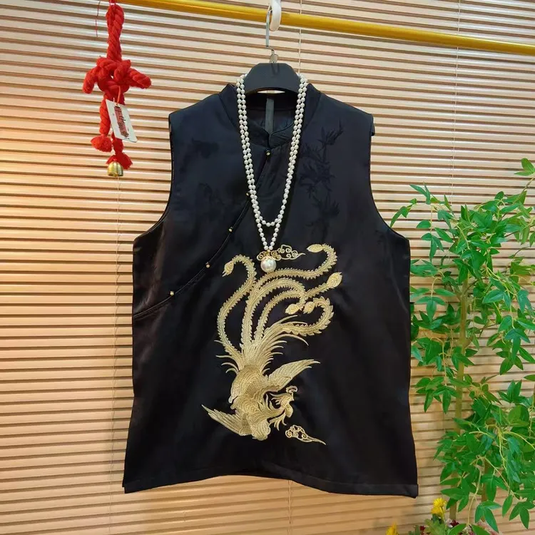 重工国潮凤凰刺绣中长款马甲胖YY2025秋季新款新中式国风坎肩上衣