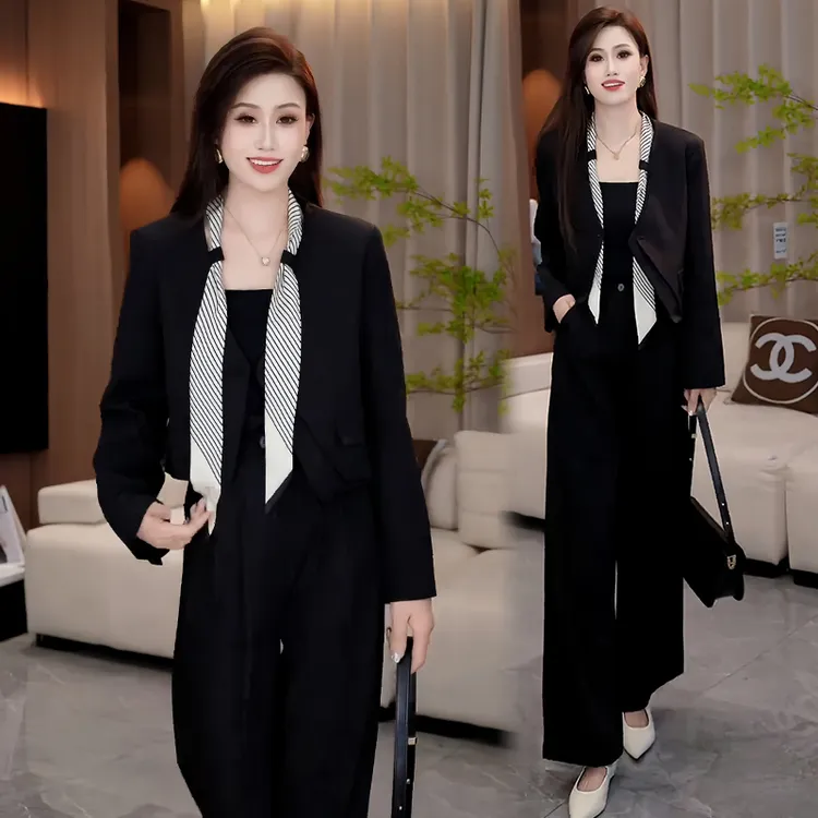 休闲韩版气质套装女2025年春秋新款设计感短款外套阔腿裤两件套