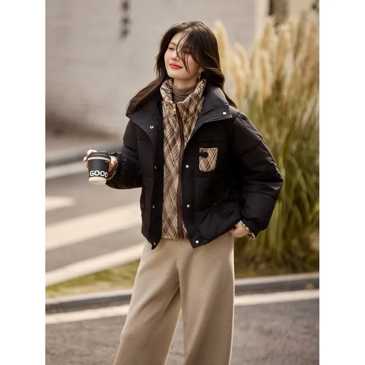 尚静通勤风格纹撞色假两件棉衣棉服2025冬季新款时尚休闲气质百搭