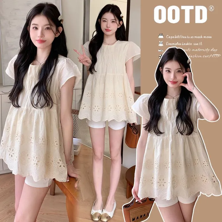 孕妇夏季新款甜美时尚套装宽松绣花孕妇装上衣+托腹短裤两件套