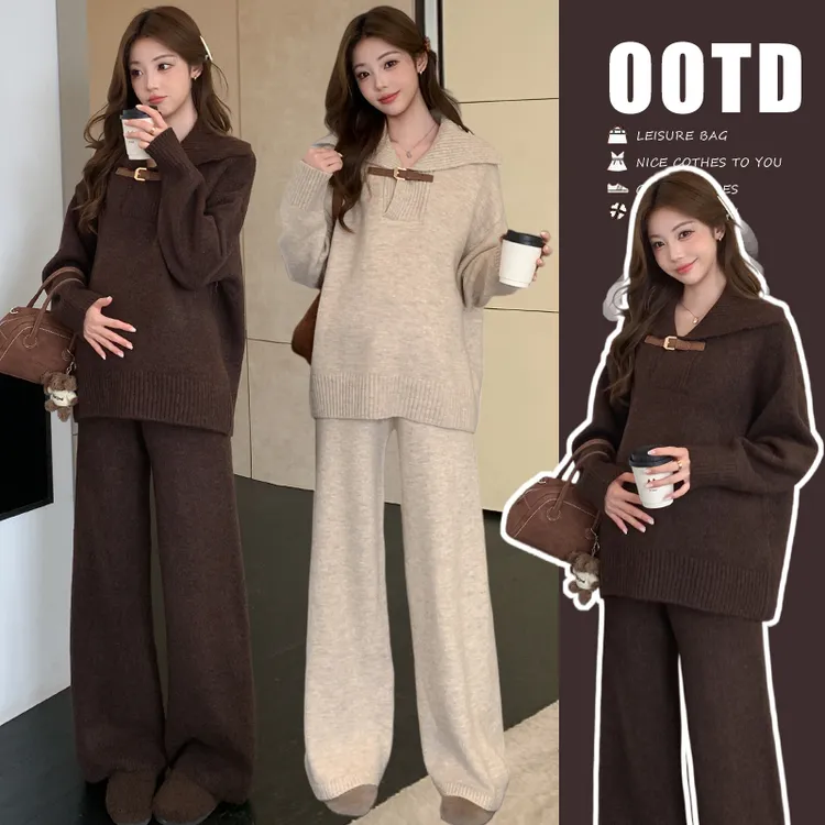 孕妇装时尚套装2025秋冬新款韩系翻领毛衣外穿阔腿长裤孕妈两件套