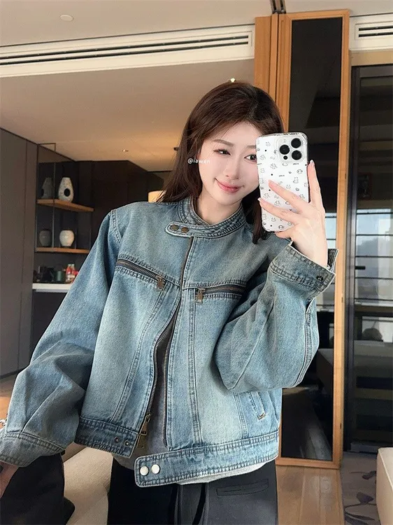 美式复古做旧立领牛仔外套女装春季别致宽松显瘦短款夹克上衣百搭