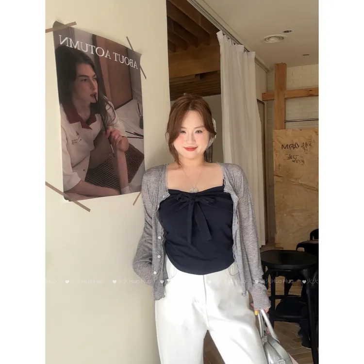 胖MM纯欲风性感甜辣妹蝴蝶结系带抹胸蕾丝拼接花边开衫上衣两件套