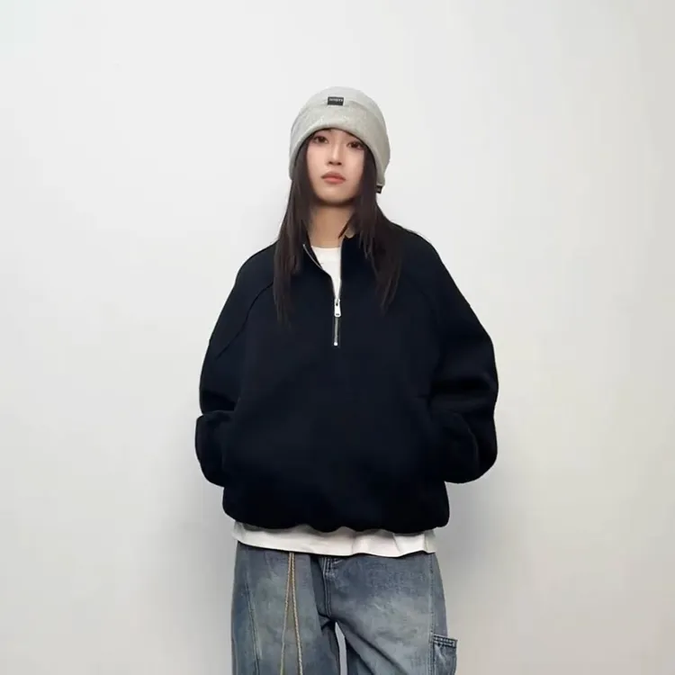 潮牌美式解构半拉链套头卫衣男女复古宽松街头运动情侣上衣