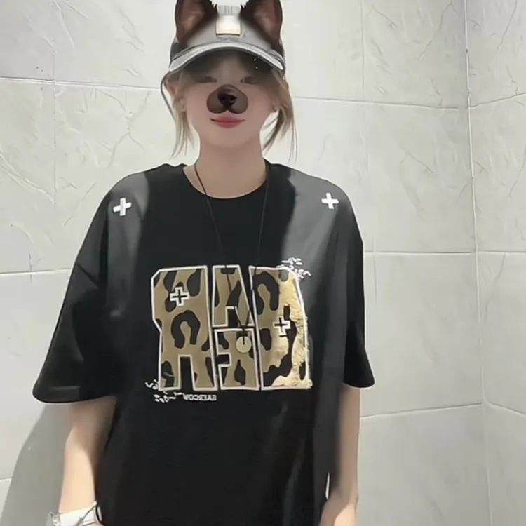 美式新款刺绣设计纯棉短袖t恤女夏季宽松小众慵懒风休闲半袖上衣