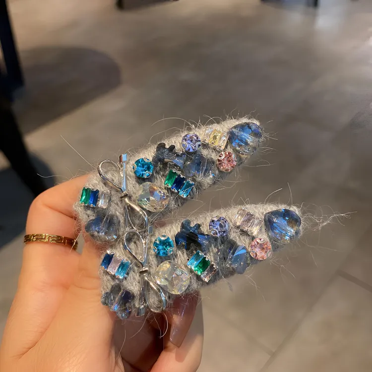 重工彩钻毛线边夹高级感灰色侧边碎发鸭嘴夹精致发夹轻奢发卡发饰