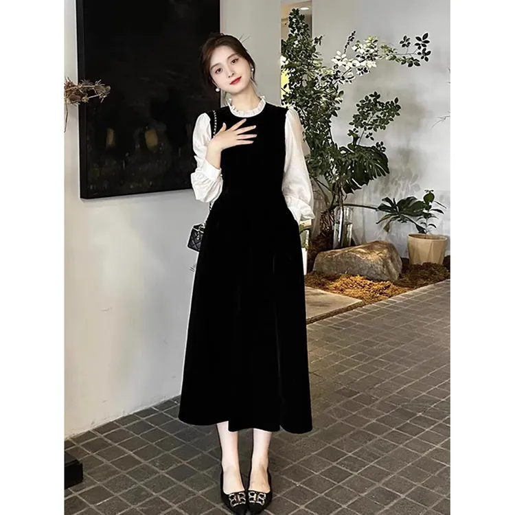 法式长袖复古大码连衣裙女春秋赫本风拼接气质长裙高级感黑色裙子