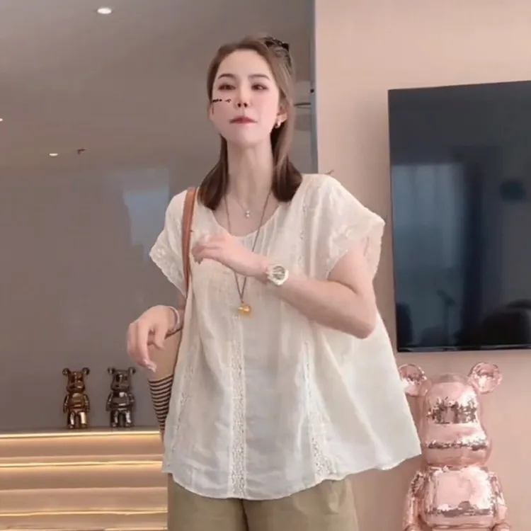 蕾丝拼接小众设计感衬衫女夏季松弛感遮肉休闲衬衣洋气高贵上衣