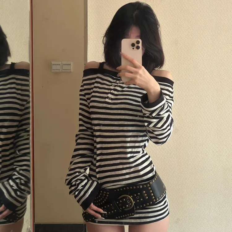 甜美可爱风格衣服条纹吊带长袖T恤早秋宽松显瘦上衣薄款防晒罩衫