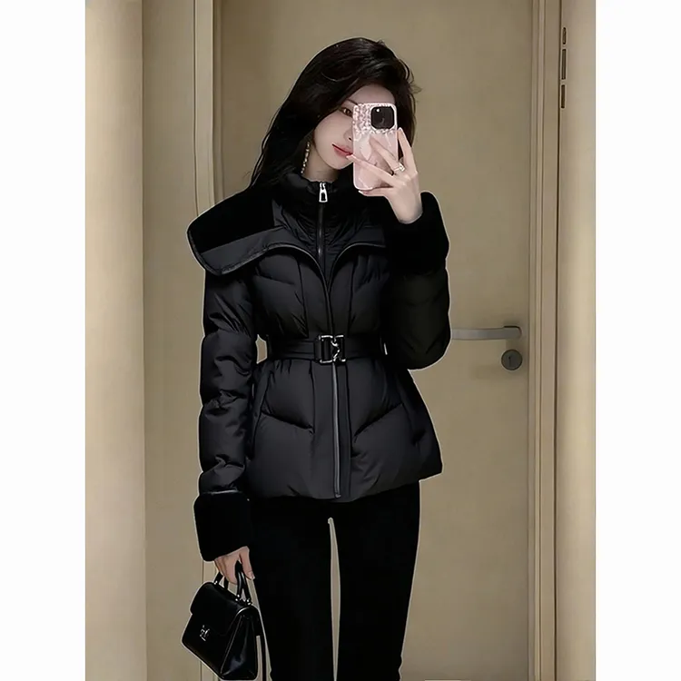 冬季棉服女款2025新款独特超好看收腰气质假两件黑色夹棉加厚外套