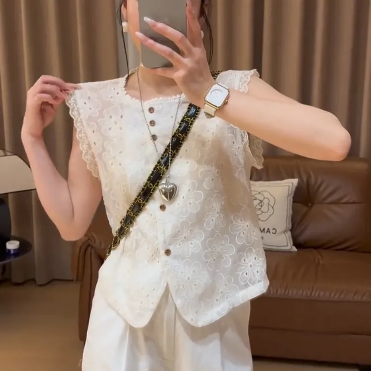 印花纯色单排多扣无袖常规衬衫提花拼接国风小衫百搭绣花宽松