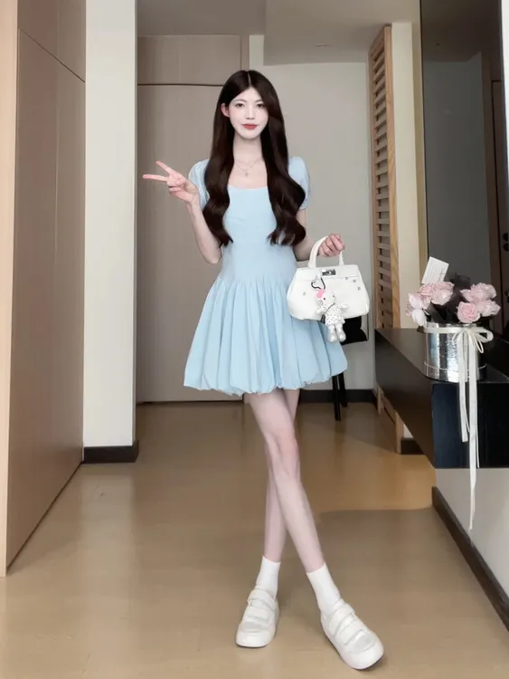 清仓108纯欲风蓝色花苞裙短袖夏季设计感时尚短款连衣裙B251Q0750