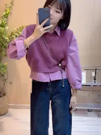 秋冬搭配一整套盐系轻熟温柔风针织马甲叠穿长袖百搭衬衣两件套女