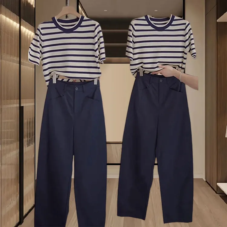 香朵儿高级感套装2025夏季新款条纹上衣弯刀裤两件套洋气衣服女士