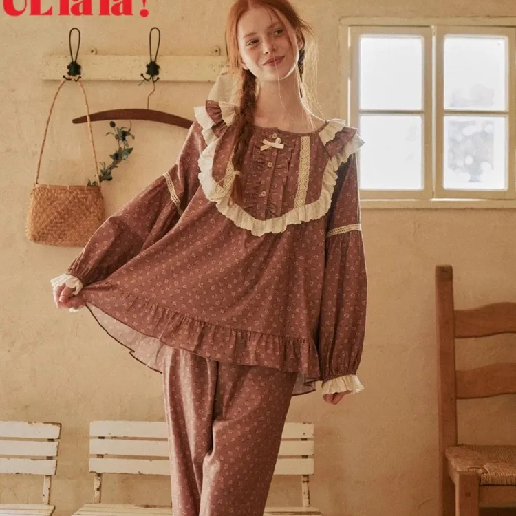 ULLALA 乌拉拉睡衣女秋冬咖色碎花休闲甜美系列家居服套装