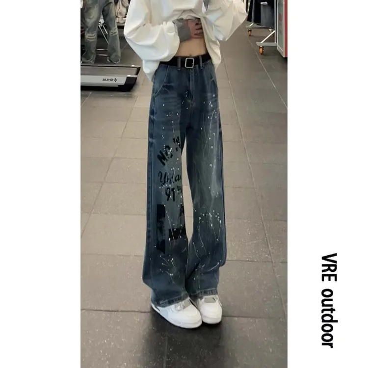 美式街头泼墨牛仔裤男款潮牌宽松阔腿弯刀裤子复古做旧慵懒拖地裤