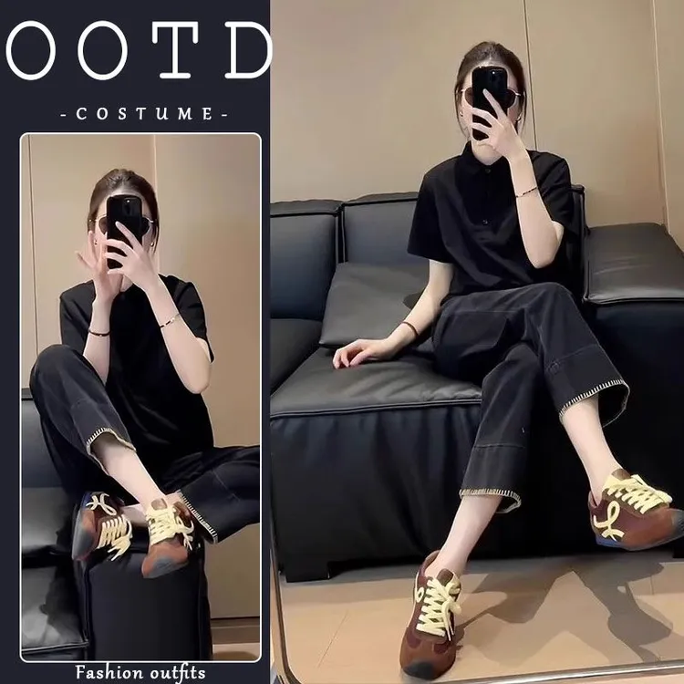 夏季搭配一整套简约百搭时尚Polo领短袖上衣女直筒牛仔裤两件套潮