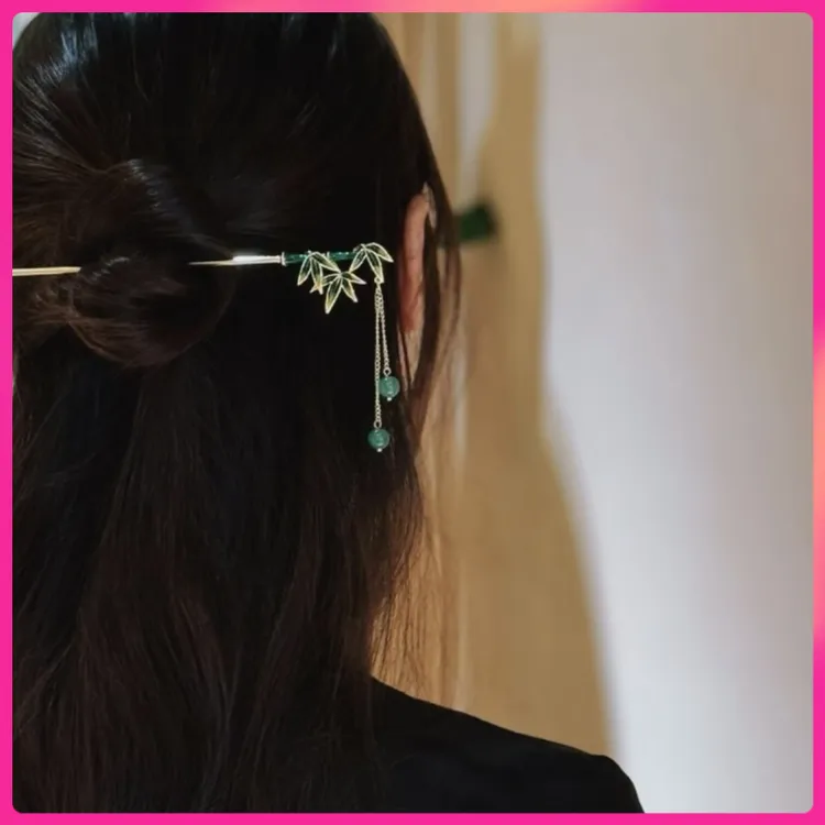 新中式高级感竹叶流苏发簪女旗袍盘发头饰合金木质复古簪子