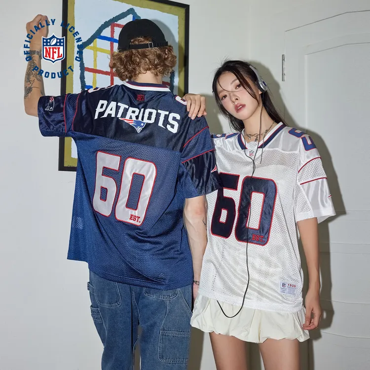 NFL美橄超级碗爱国者队短袖T恤 美式运动白蓝拼接V领网眼百搭球衣