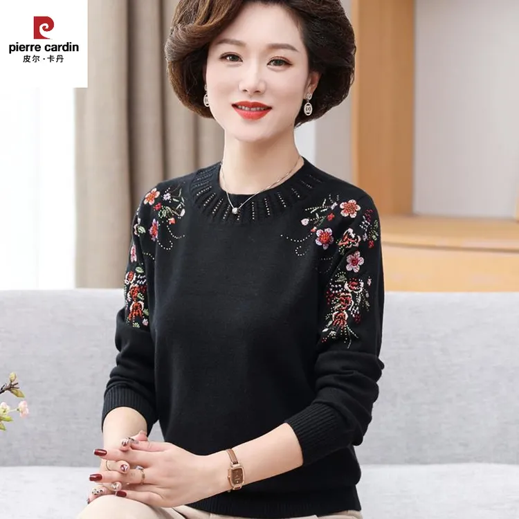 皮尔卡丹妈妈款春装羊毛衣中年女圆领内搭上衣服50岁60中老年人春