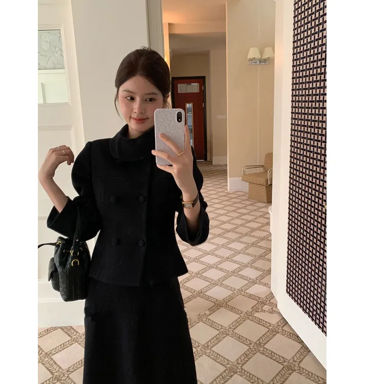 奥黛丽套装 韩系财阀千金小香风毛呢外套+半身裙气质两件套女