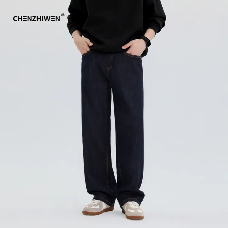 陈智文秋季新款复古深蓝色直筒裤子宽松休闲加绒加厚牛仔裤长裤男