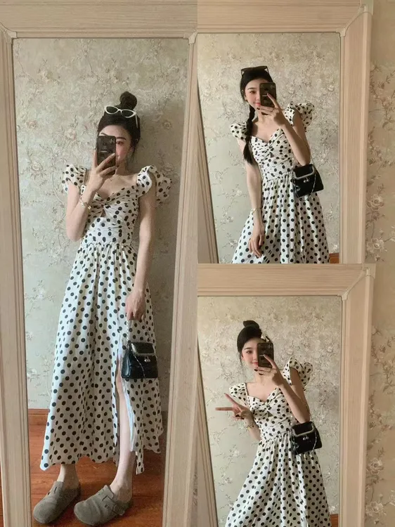 法式甜美温柔复古波点荷叶袖连衣裙女春夏2025新款收腰显瘦长裙子