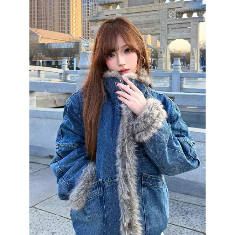 美式复古水洗牛仔座山雕棉服男冬高级感毛领外套加绒短款夹克棉衣