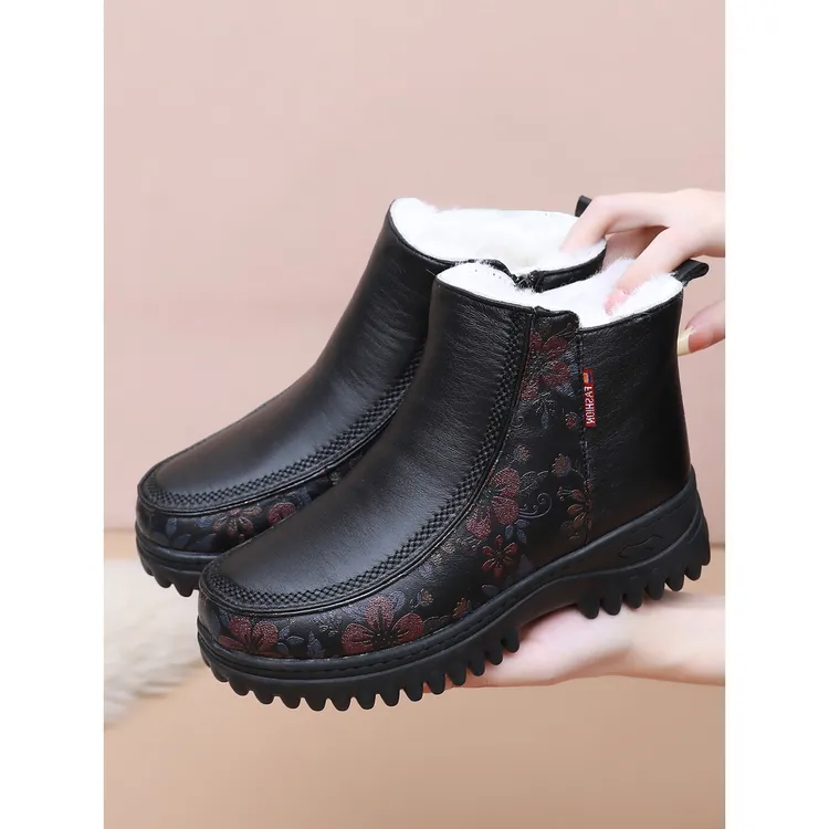 冬季羊毛棉靴加厚保暖妈妈鞋防滑高帮棉鞋女中老年碎花加绒雪地靴