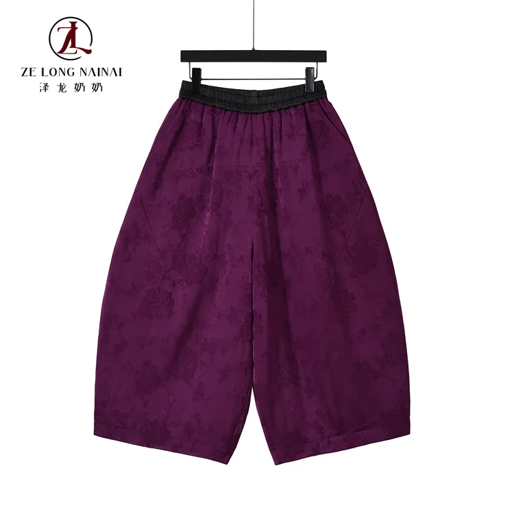 6767天丝复古提花棉裤女冬季宽松显瘦阔腿裤松紧腰保暖夹棉休闲裤