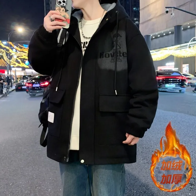 2025青少年冬季外套加绒加厚水洗牛仔派克服连帽休闲宽松潮流韩版