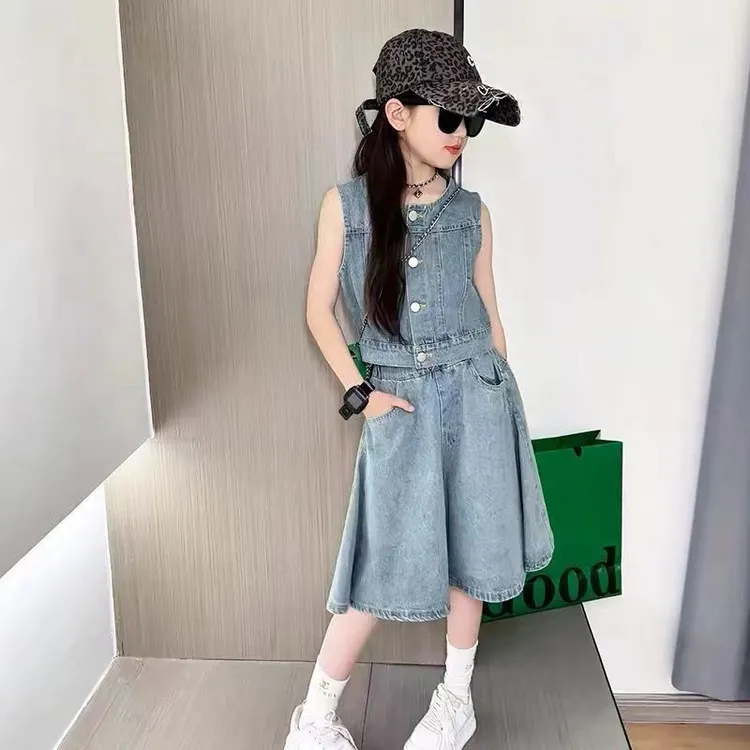 女童夏装套装2025新款儿童洋气中大童夏季炸街薄款裙裤牛仔两件套