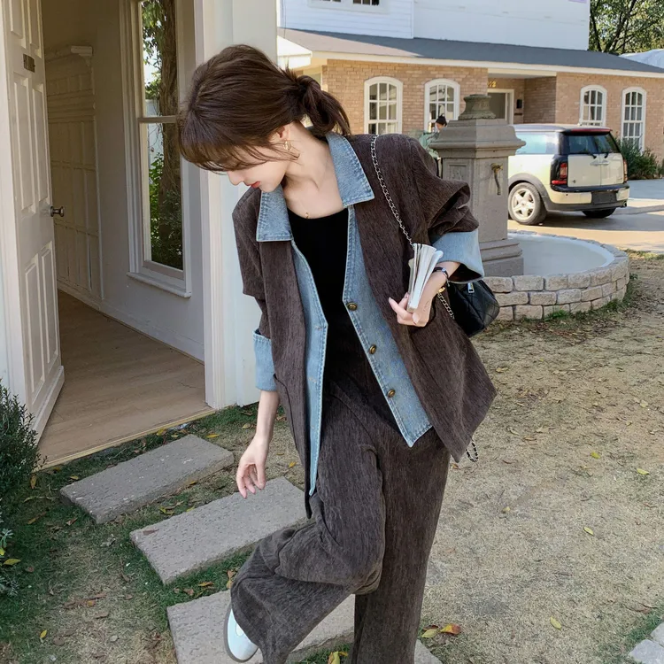 氛围感别致牛仔假两件拼接外套2025春季设计西装宽松阔腿裤套装女