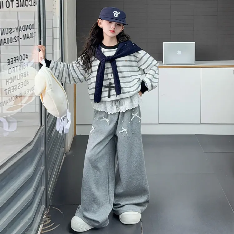 女童春秋款韩版休闲条纹卫衣套装女大童初中生时髦洋气儿童秋装潮