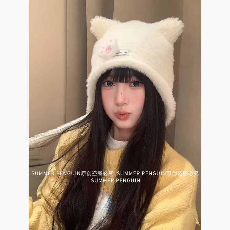 SUMMER PENGUIN条纹猫耳朵毛绒帽子女冬保暖护耳雷锋帽防寒套头帽