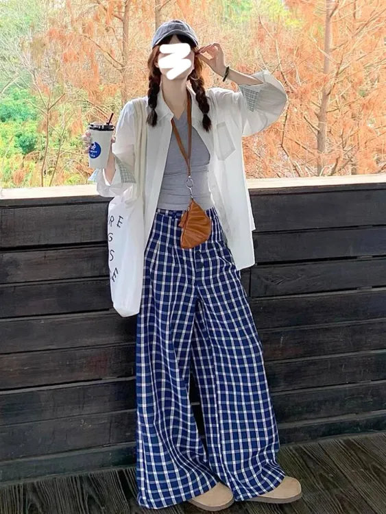 蓝色格纹薄款休闲裤女高个子加长高腰显瘦直筒格子裤阔腿裤9181