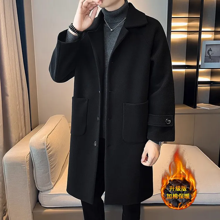 毛呢大衣男中长款风衣冬季加厚保暖棉衣翻领大码胖子学生呢子外套