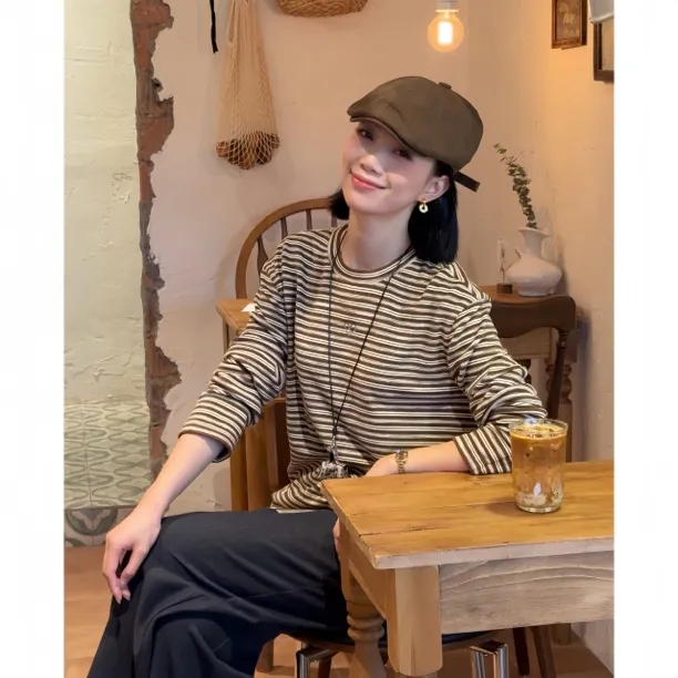 GIRDEAR/哥弟新款秋季简约长袖打底衬衣圆领条纹T恤女1300866