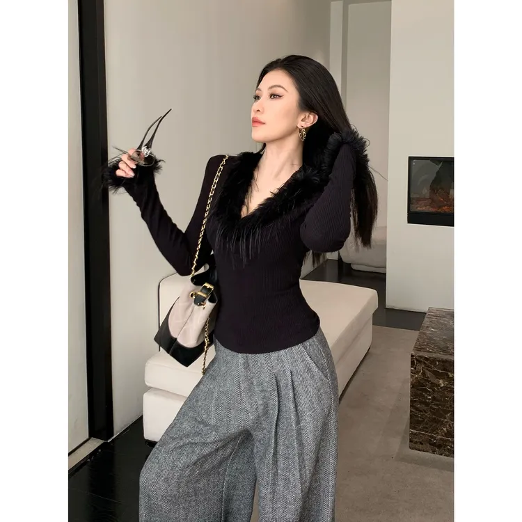 JIJINQI千金风拼接长袖纯欲V领短款内搭气质修身上衣JD10SZQM454