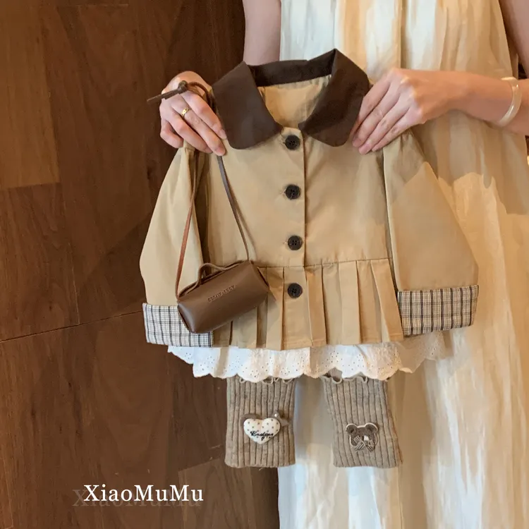 小沐沐女童风衣外套秋装2025新款小童女宝宝针织打底裤洋气两件套