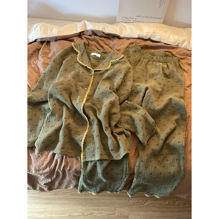 田园风甜美小碎花双层棉纱睡衣女秋季新款大码慵懒舒适家居服套装