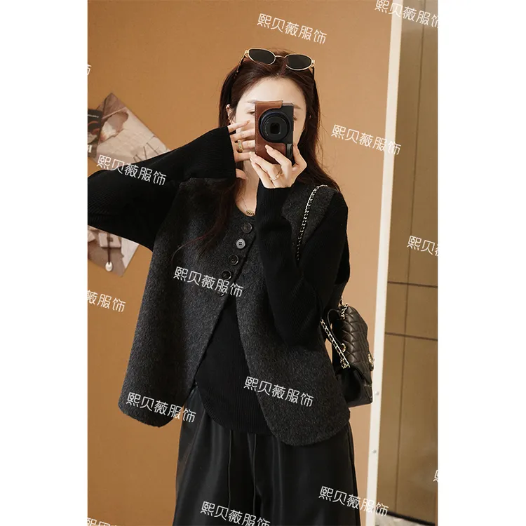 熙贝薇 羊毛羊驼毛早秋复古松弛感无袖背心剪裁时尚扣马夹 G5391
