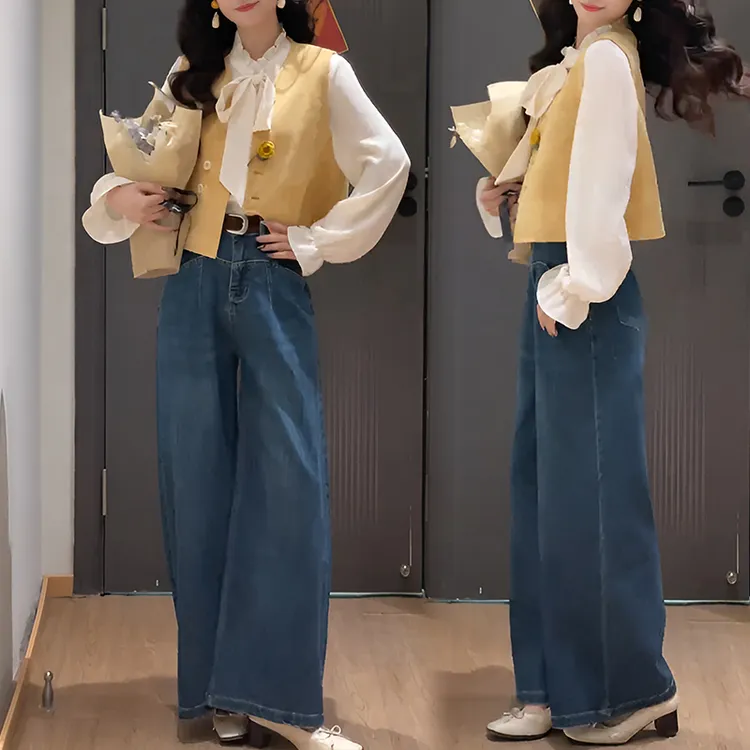 港风复古衬衫牛仔马甲牛仔裤三件套女2025春秋新款设计感时尚套装